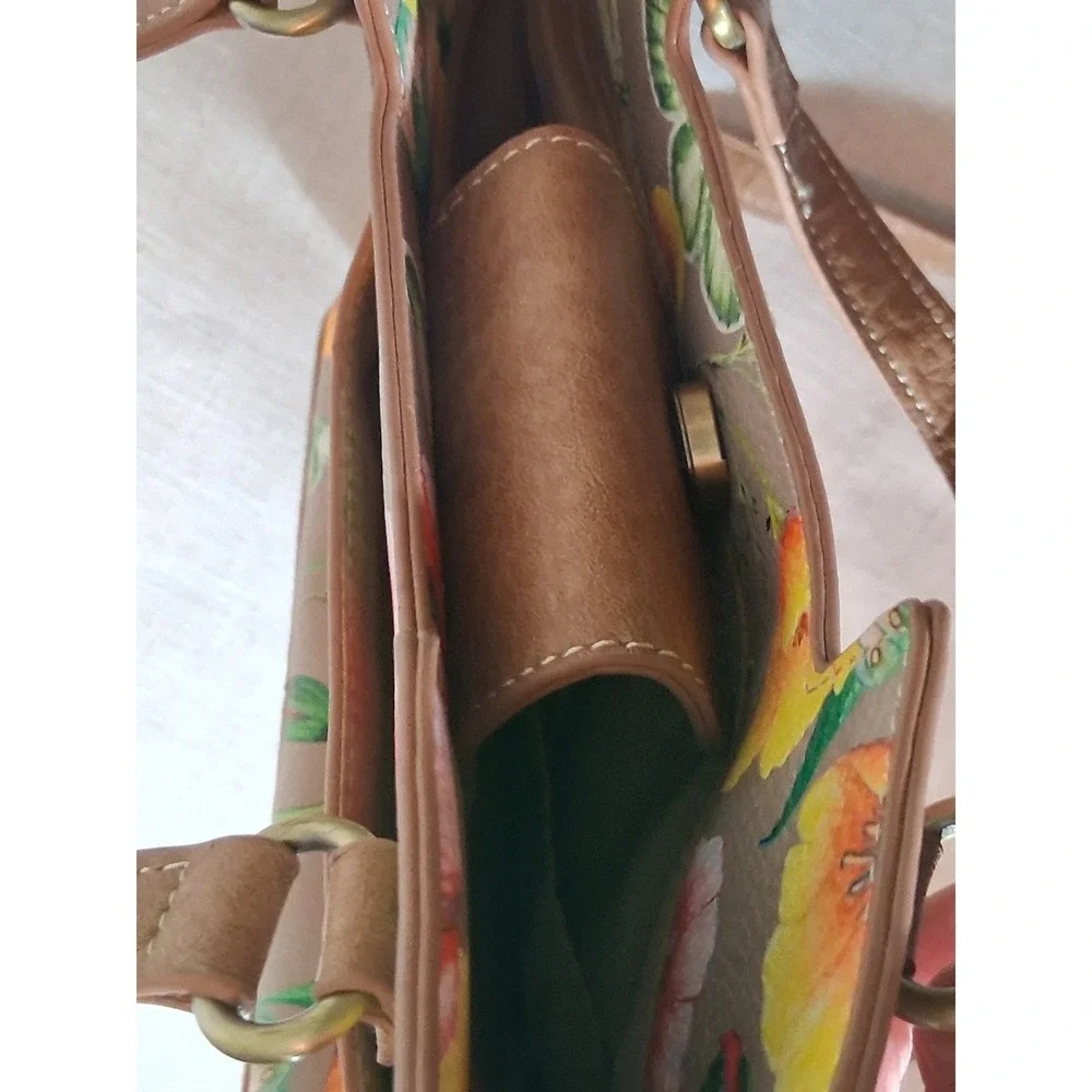 MultiSac Floral Butterfly Dragonfly Satchel Crossbody Handbag Tan Multi Pocket